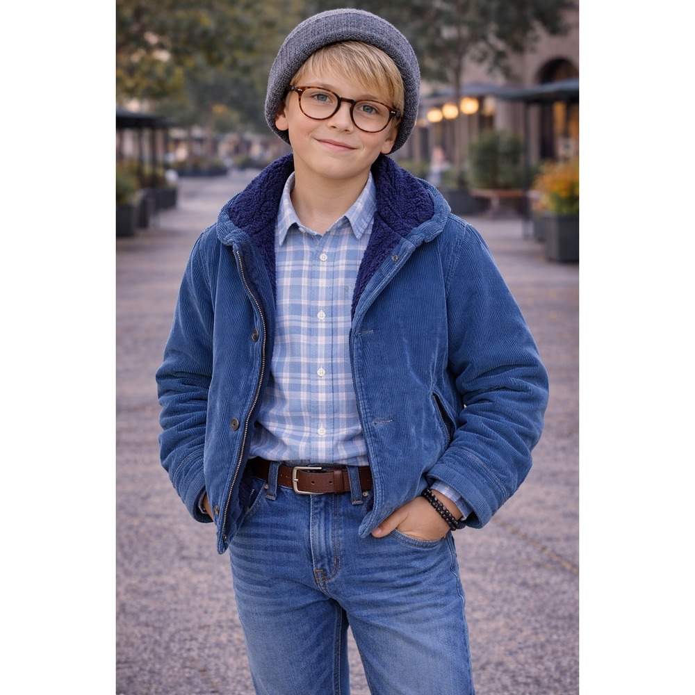 Vintage Sears Boyswear Blue Corduroy Sherpa Lined Jacket Shawl Collar Size 12